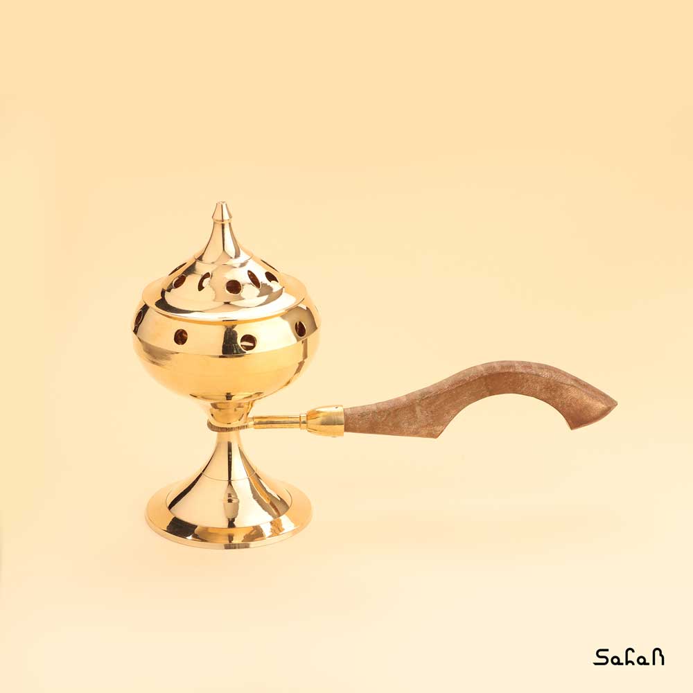 اسپند دود کن برنجی طلایی دسته چوبی مدل کرو سایز 3