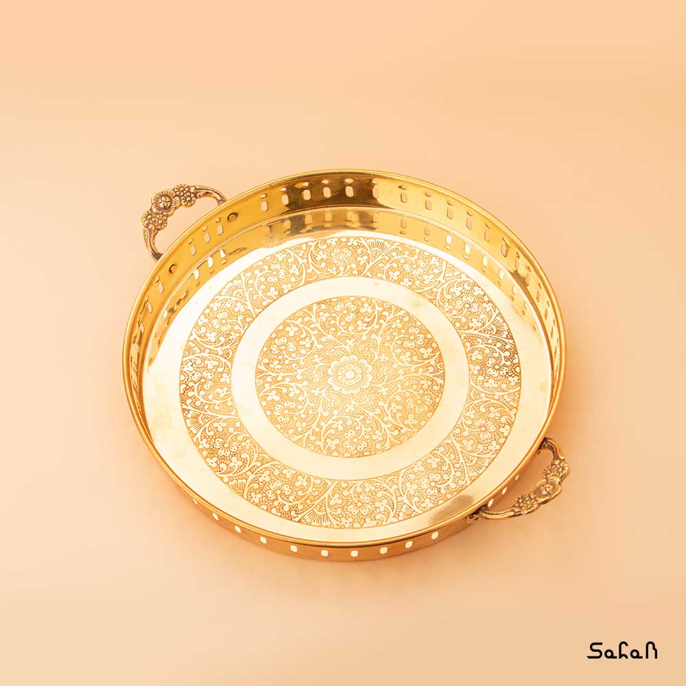 سینی برنجی طلایی هندی دسته دار سایز 1