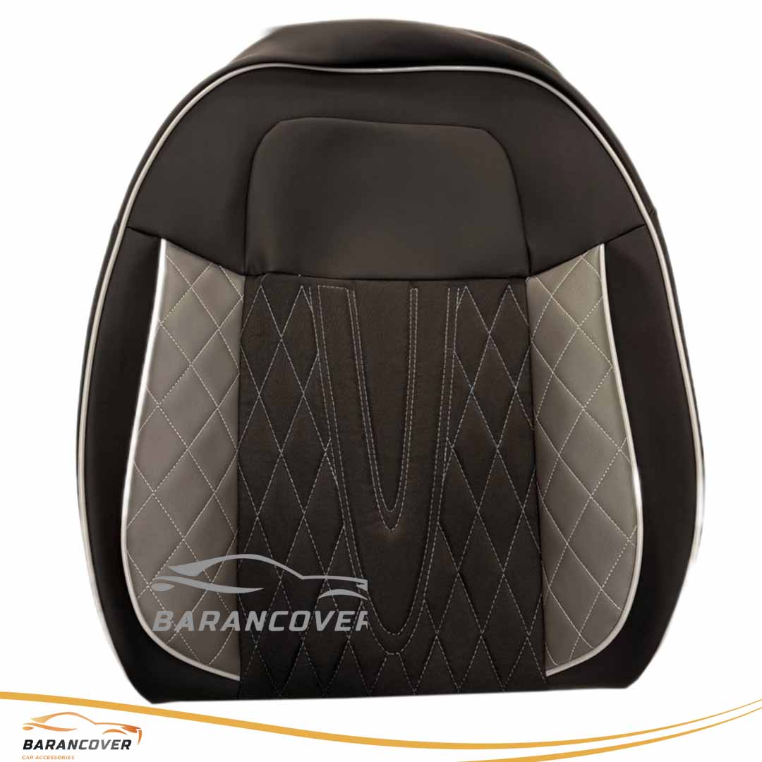 روکش صندلی تارا v4 اتومات چرم نانوکربن وسط پارچه گلدوزی رنگ مشکی بغل طوسی