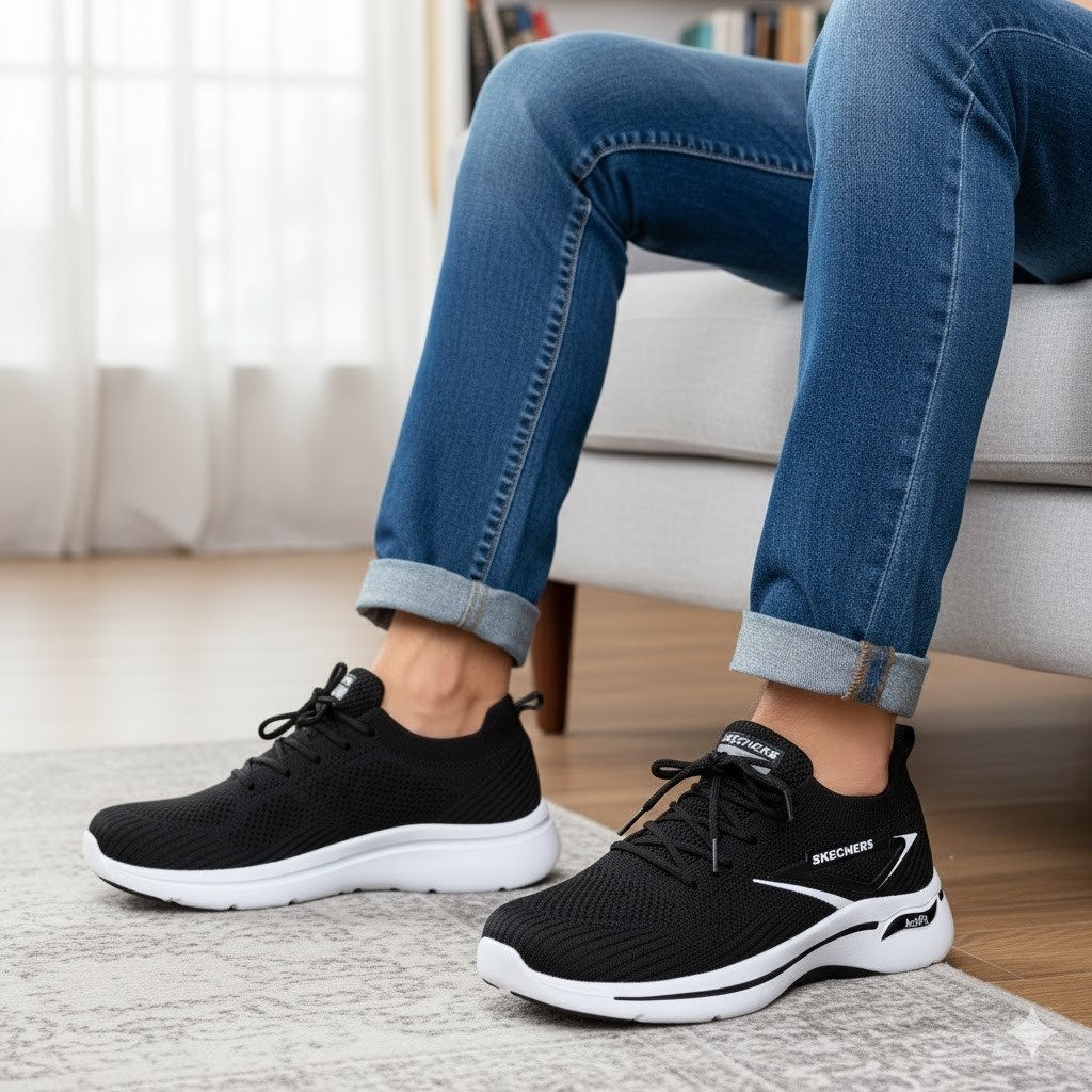 کتونی جورابی بافتی اسکیچرز مردانه پسرانه سایز 41 تا 45 رنگ مشکی زیره پیو نرم طبی کف دوخت کفی طبی لژ 4 سانتی رویه بافت