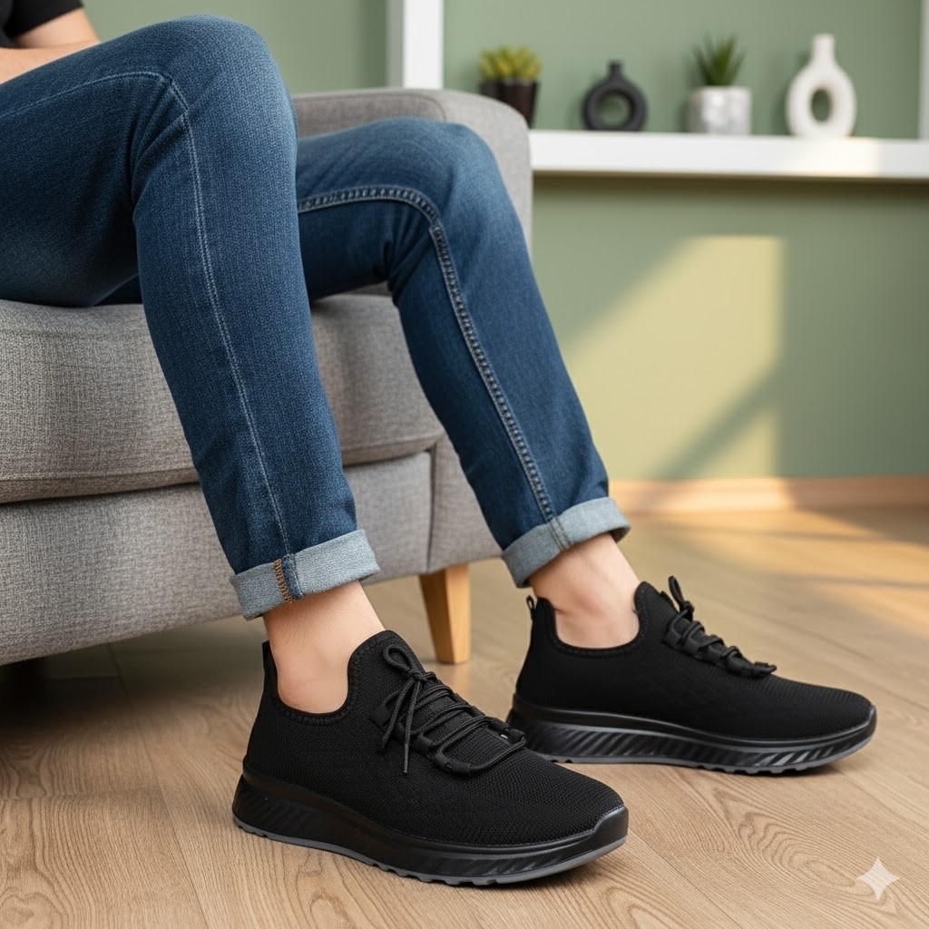 کتونی جورابی بافتی تابستانی تنفس دار مردانه سایز 40 تا 45 رنگ مشکی کفی طبی زیره پیو تزریق لژ چهار سانتی رویه بافتی