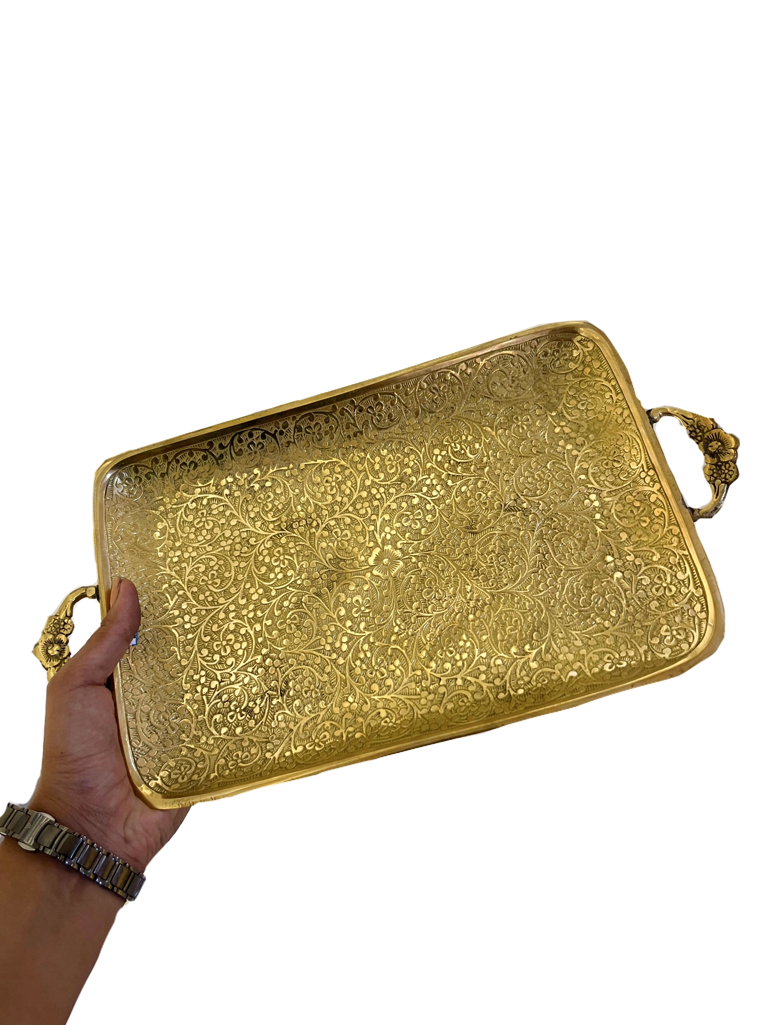 سینی مستطیل طرح گل دسته دار برنجی هندی