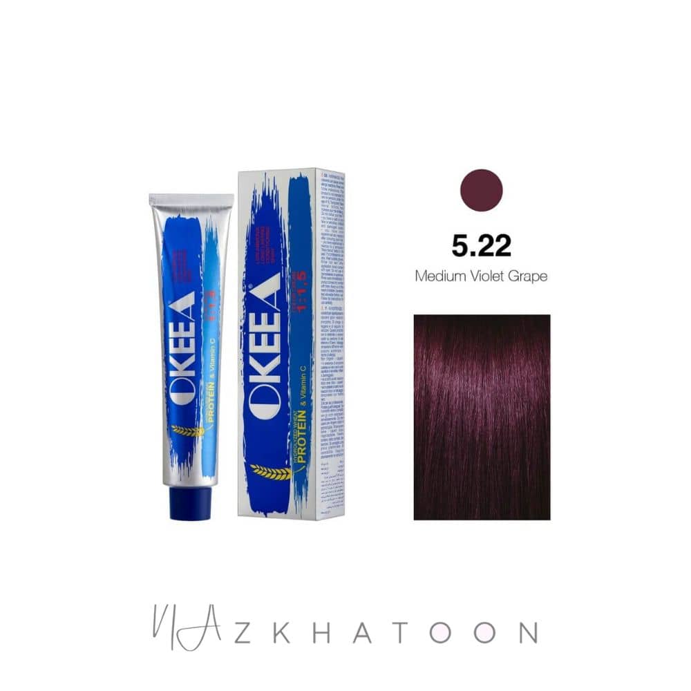 رنگ مو 100میل اکیا OKEEA سری VIOLET GRAPE شماره 5/22 شرابی انگوری متوسط