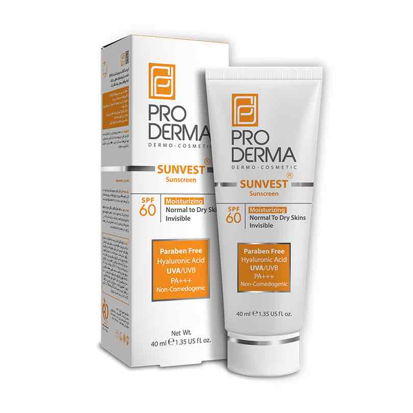 کرم ضد آفتاب و مرطوب کننده spf60 مناسب پوست های معمولی و خشک فاقد رنگ 40 میل پرودرما