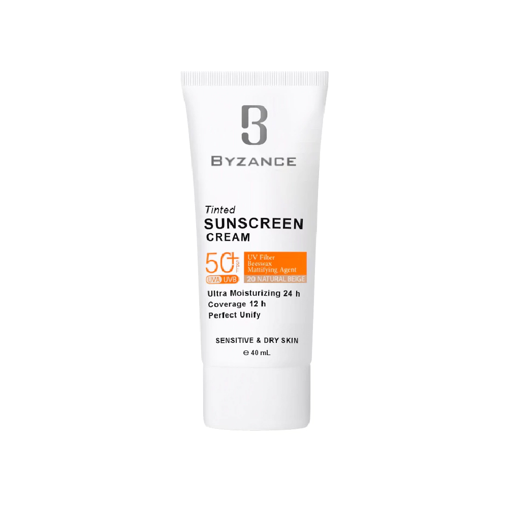 کرم ضد آفتاب SPF50 بیزانس مدل Tinted تینتد شماره 20 رنگ NATURAL BEIGE بژ طبیعی مناسب پوست خشک و حساس حجم 40 میل