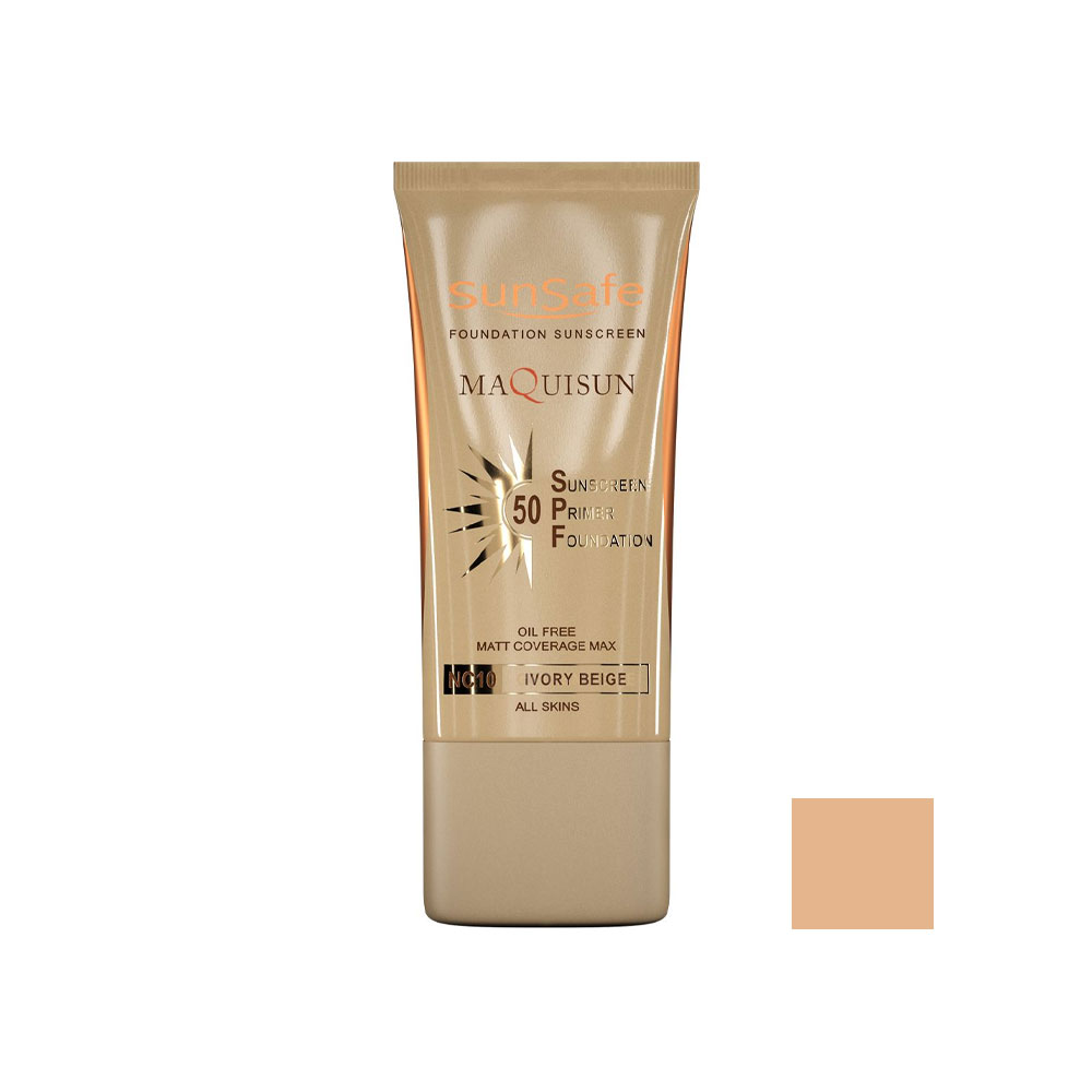 ضد آفتاب رنگی SPF50 سان سیف مدل MAQUISUN شماره NC10 رنگ IVORY BEIGE مناسب انواع پوست حجم 40 میل