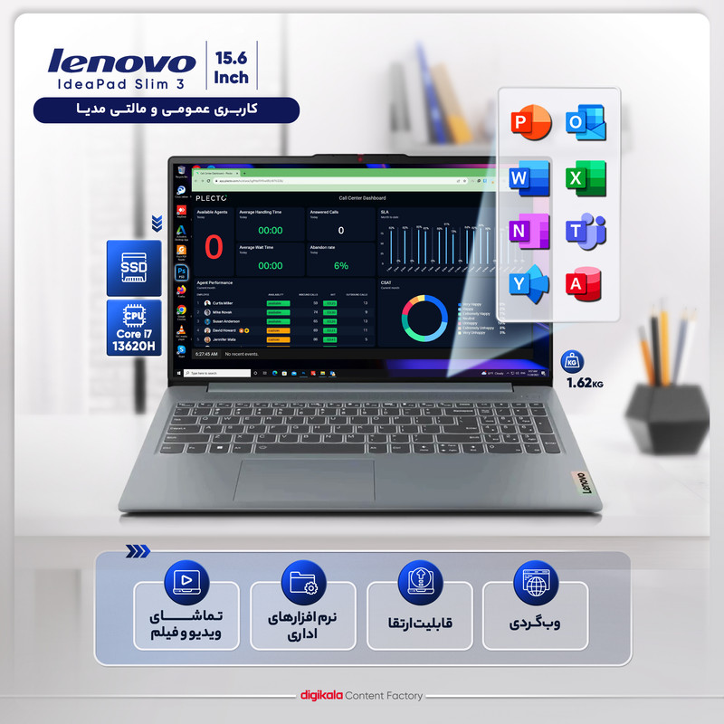 لپ تاپ 15.6 اینچی لنوو مدل IdeaPad Slim 3 15IRH8-i7 13620H-16GB LPDDR5-512GB SSD-IPS-Fingerprint-Backlit