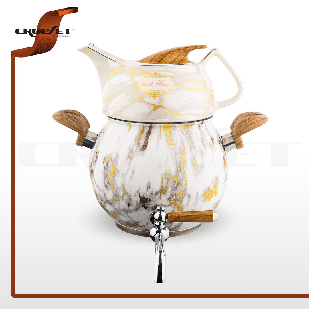 کتری قوری کروپ ست روشناک کف چدن طرح سنگ سفید کد2603