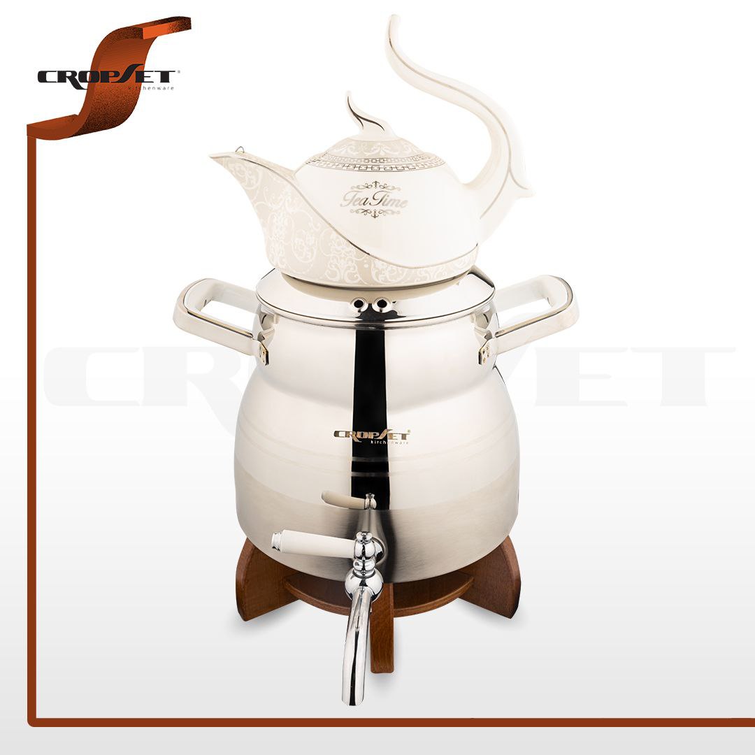 کتری قوری کروپ ست آوینا کف چدن پایه چوبی کد203 استیل