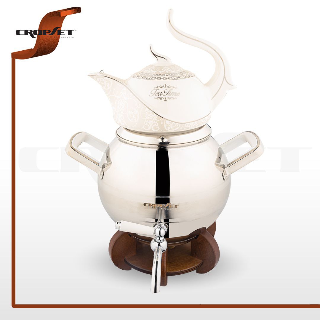 کتری قوری کروپ ست کیانا کف چدن پایه چوبی کد8012 نقره ای