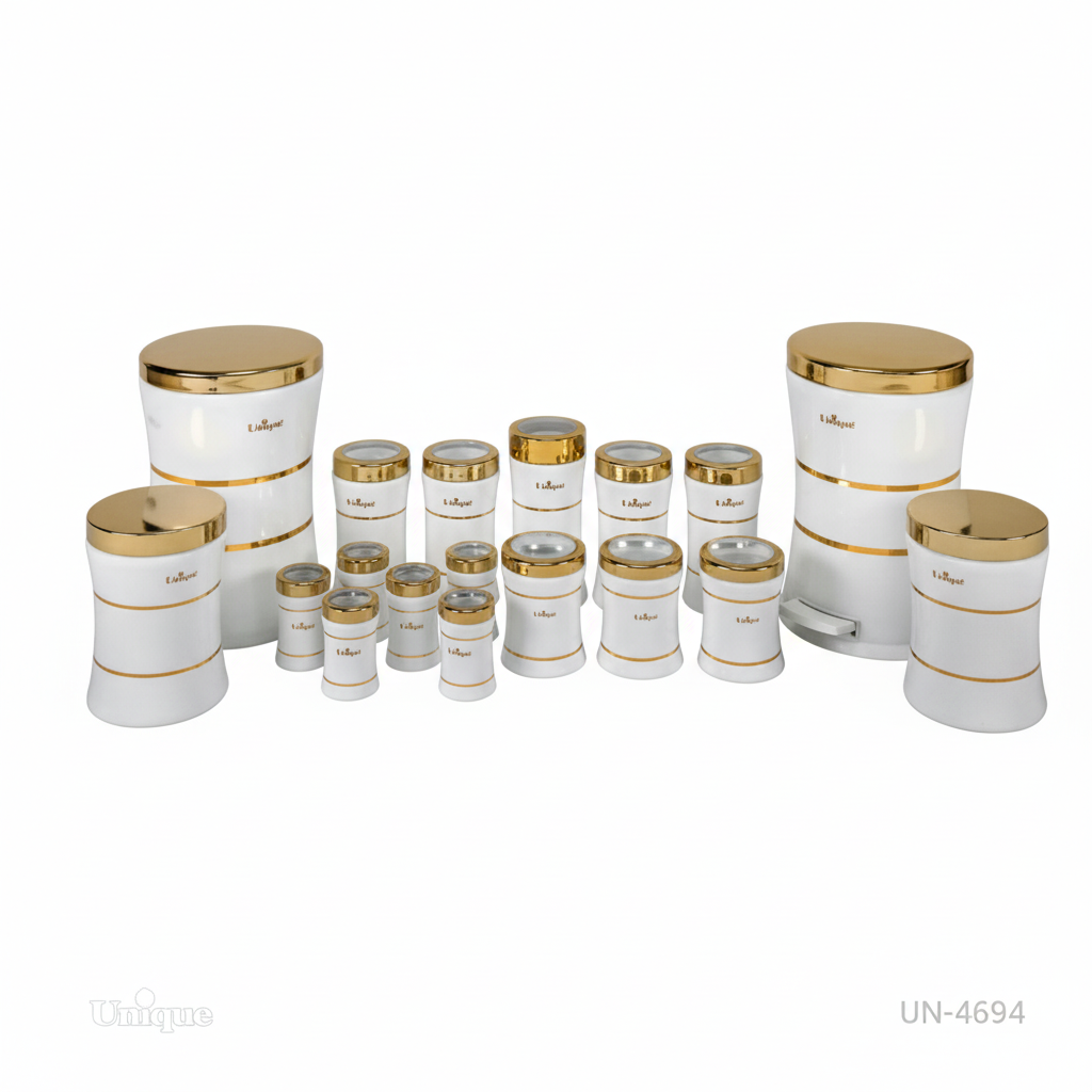 سرویس آشپزخانه 18 پارچه کمر باریک خطی سفید طلا یونیک کد UN-4694 (پس کرایه)