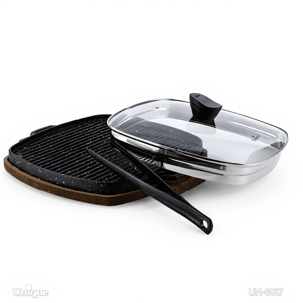 تابه گریل چدن مربع بزرگ با چوب با انبر یونیک کد UN-6017 (پس کرایه)