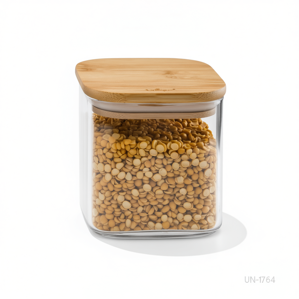 بانکه شیشه ای درب چوبی مربع 10سانت یونیک کد UN-1764 (پس کرایه)