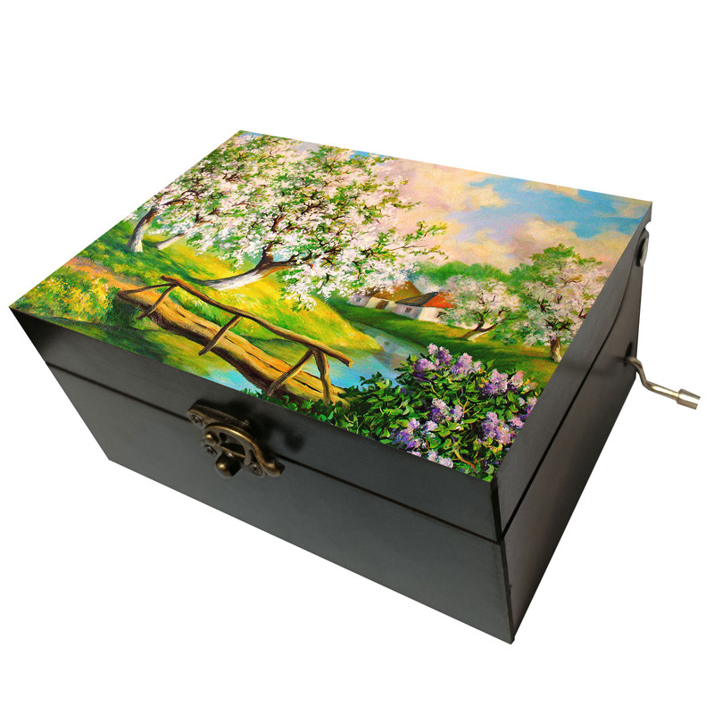 جعبه موزیکال مدل هندلی طرح نقاشی رنگ روغن چشم انداز بهاری رودخانه پل و جنگل کد T1013