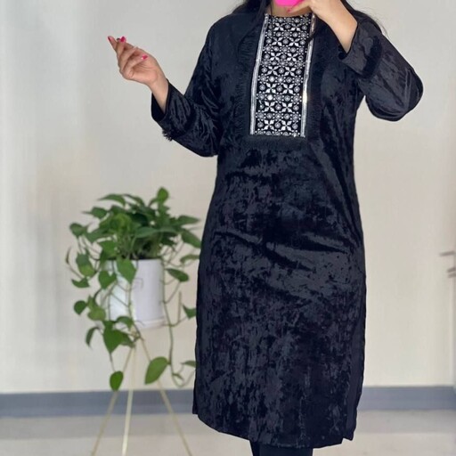 مانتو پیراهنی مشکی مخمل فری سایز تا46 پیراهن مانتویی پیراهن زنانه