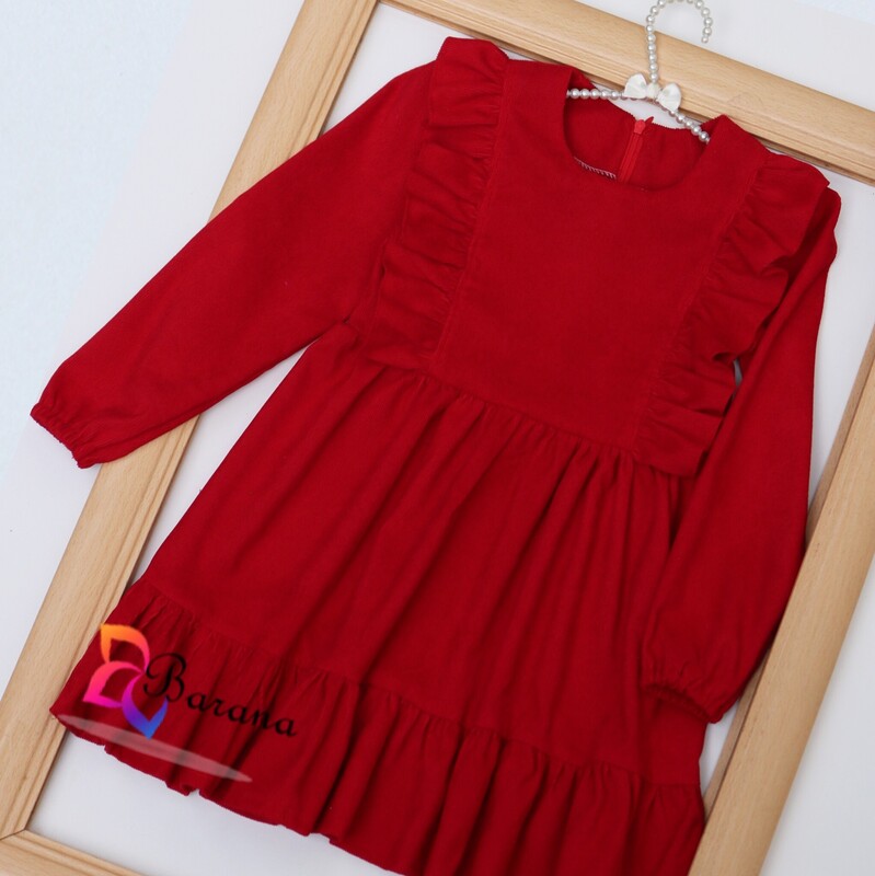 پیراهن یلدایی دخترانه مخمل کبریتی مناسب 1 تا 8 سال رنگ قرمز