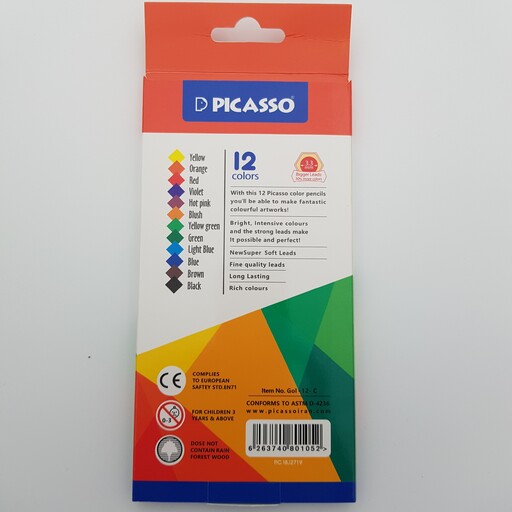 مداد رنگی 12 رنگ پیکاسو با رنگ های روشن و نوک نرم با نوک 3،3 میلیمتر