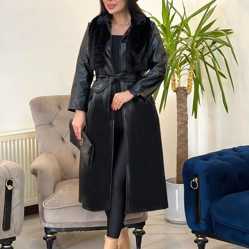 پالتو چرمی زنانه 2 تکه ای کمربند دار (super luxury) (با گارانتی اصالت کیفیت)