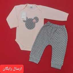 لباس نوزادی دو تکه طرح میکی موس گلبهی طوسی ( با ارسال رایگان به سراسرکشور  ) سایز 1 و 2 