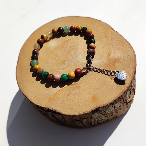 دستبند سنگهای رنگی رنگهای نود تم پاییزی با زنجیر تنظیم سایز استیل 