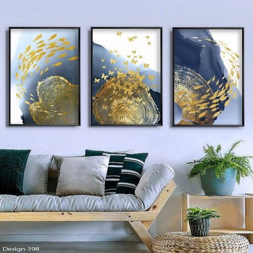 تابلو دکوراتیو مدرن مجموعه آبستره آبی طلایی پروانه ها و ماهی ها،3تیکه سایز 40در60