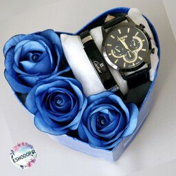 پک هدیه کادو مردانه با ساعت و دستبند و جعبه کادو و گل رز