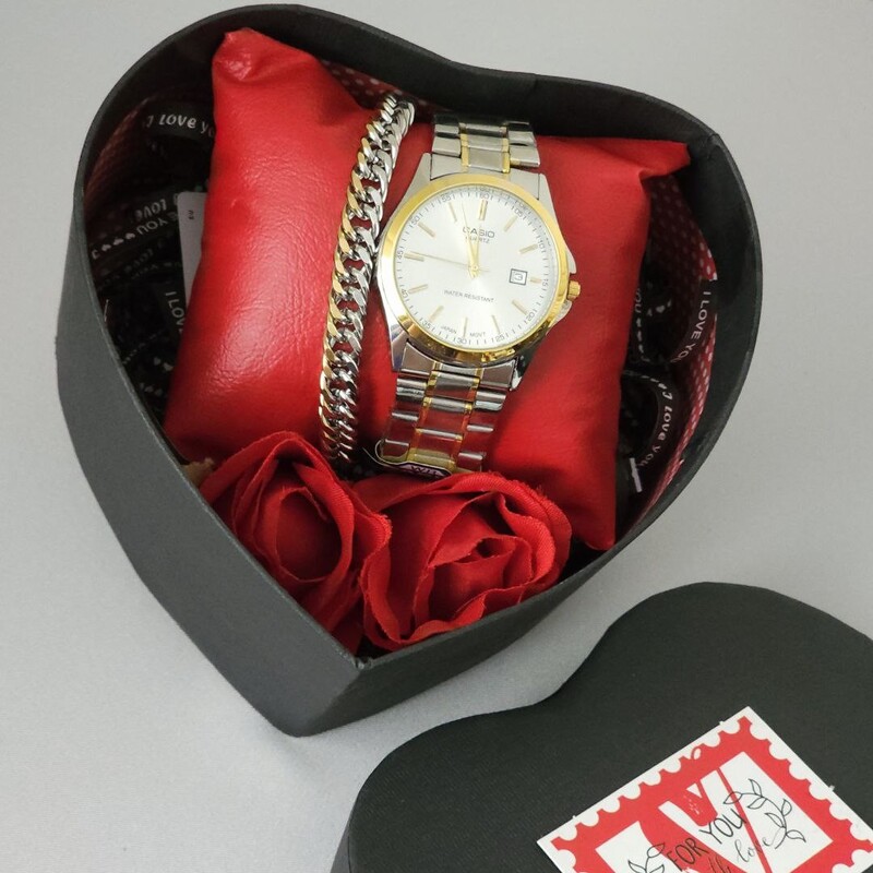 باکس هدیه شامل ساعت کاسیو و دستبند استیل مردانه و گل