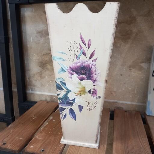 گلدان ام دی اف  چوبی  هنر دست رنگ کرم  پتینه شده مناسب گل مصنوعی و گل خشک