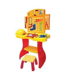 اسباب بازی میز ابزار پایه دار ، مهندس کوچولو شامل صندلی کودک ، لوازم کامل نجاری ابزار ،کلاه،گیره  