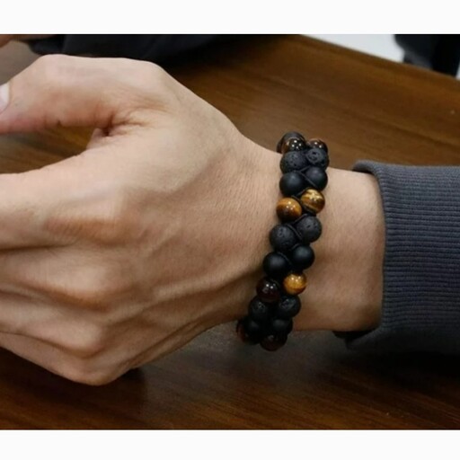 دستبند سنگ چشم ببر ، اونیکس و لاوا دو ردیفه  ، lava ،tiger eye، onyx