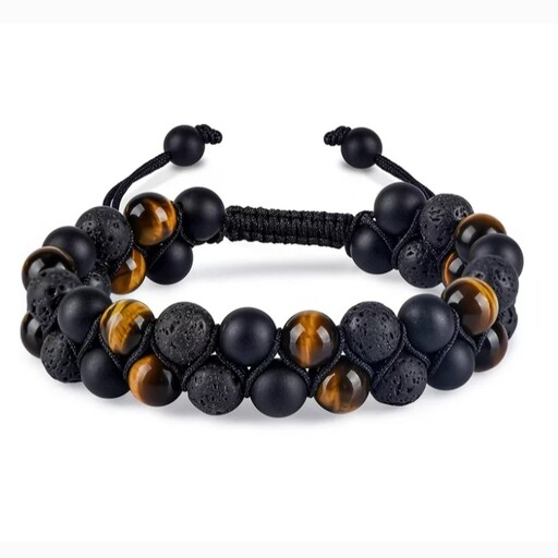 دستبند سنگ چشم ببر ، اونیکس و لاوا دو ردیفه  ، lava ،tiger eye، onyx