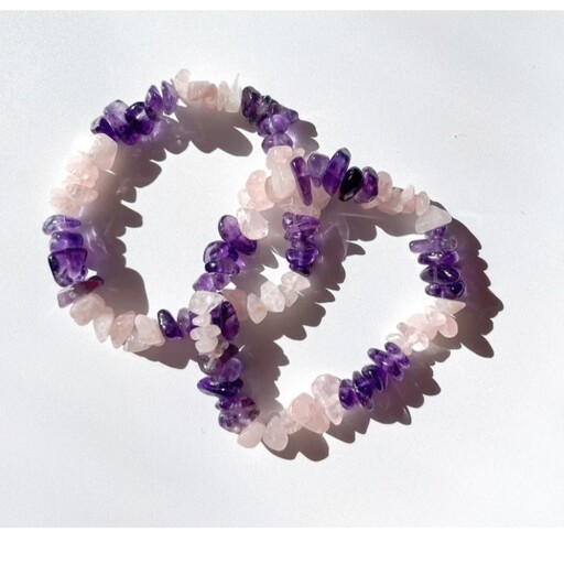 دستبند سنگ آمیتیست و رز کوارتز ( کوارتز  صورتی ) نامنظم amethyst، rose quartz 