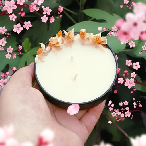 شمع قوطی درب دار معطر با رایحه مطبوع و دلپذیر با گل خشک طبیعی (قابل سفارش بدون عطر) شمع متفاوت و جذاب برای میز یلدا 