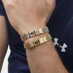 دستبند استیل مردانه مدل دو تاج در دورنگ نسکافه ای و طلایی
