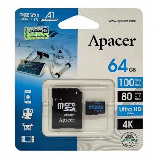 کارت حافظه microSDXC اپیسر مدل V30 کلاس 10 استاندارد UHS-I U3 سرعت 100MBps ظرفیت64گیگابایت به همراه آداپتور SD