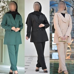 کت شلوار زنانه دکمه دار رسمی مجلسی کرپ مازراتی مشکی  کرم سبز سایزبزرگ 38 تا 48 سایدا