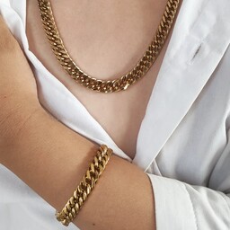 ست دستبند و گردنبند کارتیر طلایی استیل طرح دوبل