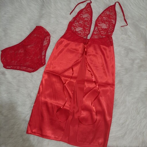 لباس خواب زنانه ساتن و گیپور در دو رنگ مشکی و قرمز فری سایز مناسب سایز 38تا40 کد1406