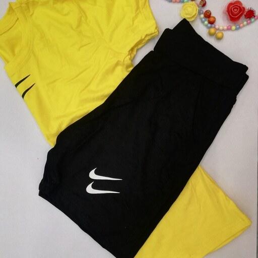 تی شرت شلوارک ورزشی زنانه، نخی درجه یک، فری سایز، تک رنگ زرد-مناسب سایز 36 تا 42