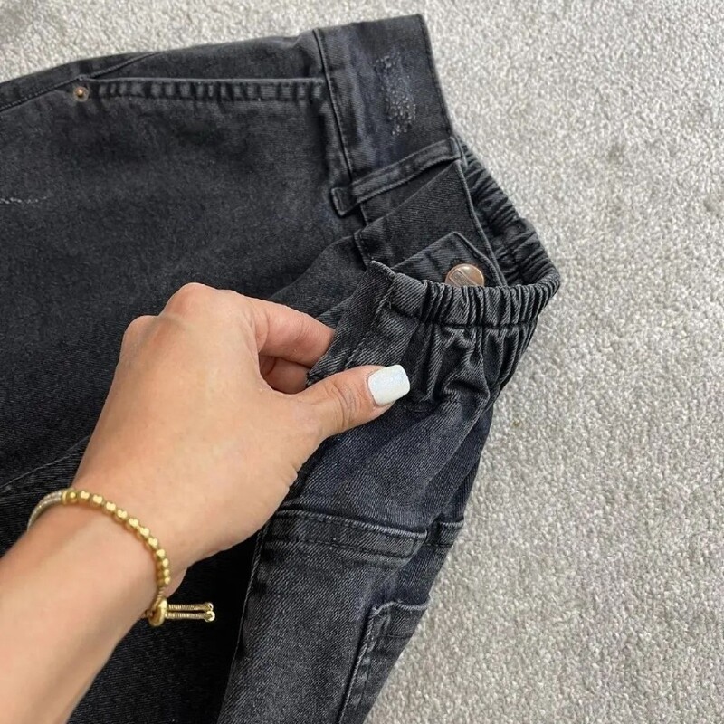 شلوار مام جین ذغالی زنانه پشت کمر کش مناسب سایز 38 تا 52