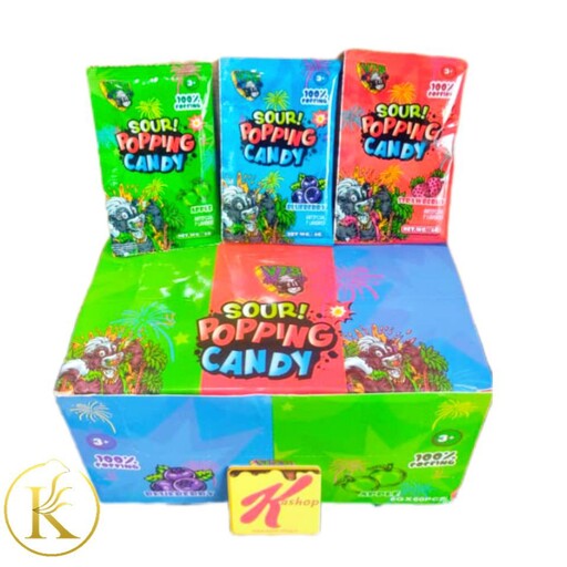 آبنبات جرقه ای ترش میوه ای در سه طعم مختلف باکس 60 عددی sour popping candy

