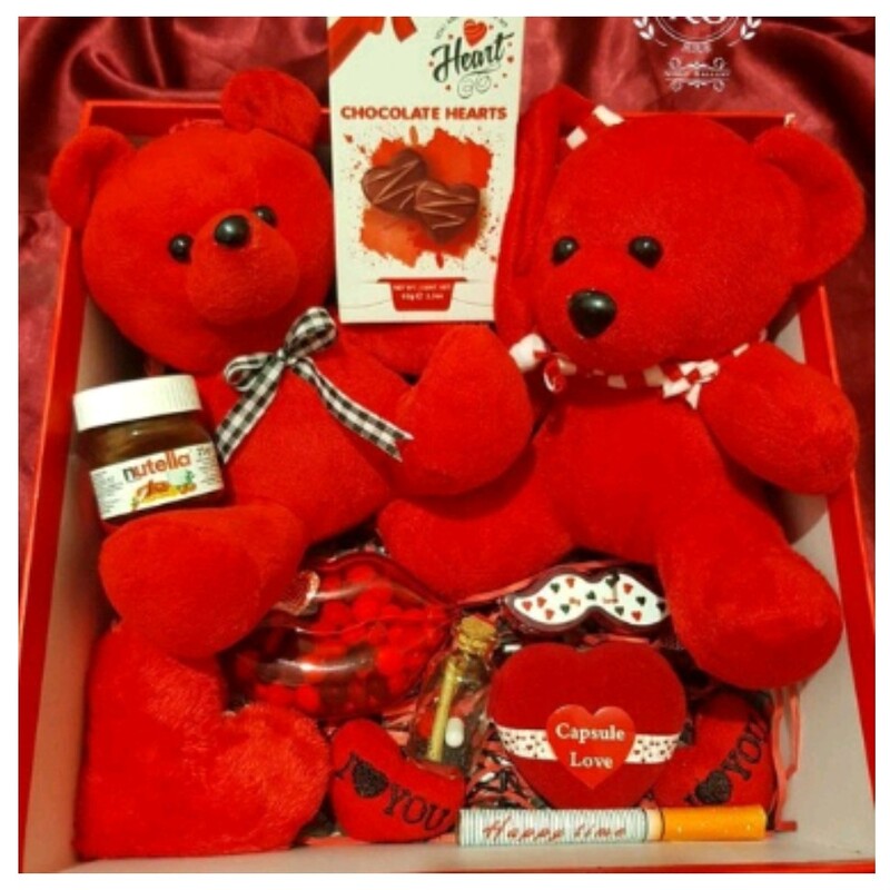 باکس ولنتاین هدیه ای لاکچری برای عشق شما محتوای داخل باکس خرس گل رز شکلات ولنتاین کارت عاشقانه 