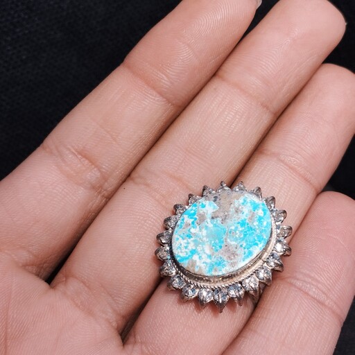 انگشتر نقره زنانه دور جواهری سنگ فیروزه نیشابور گرد  کد 11 12
