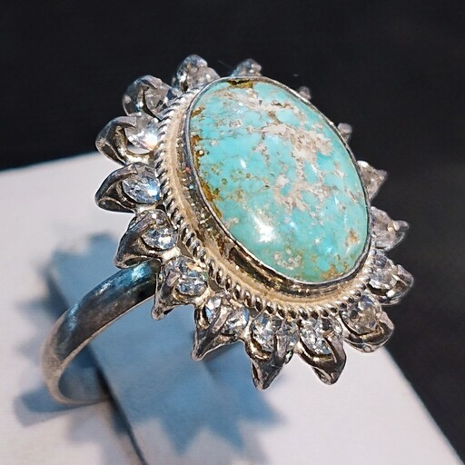 انگشتر نقره زنانه دور جواهری سنگ فیروزه نیشابور کد 11 1