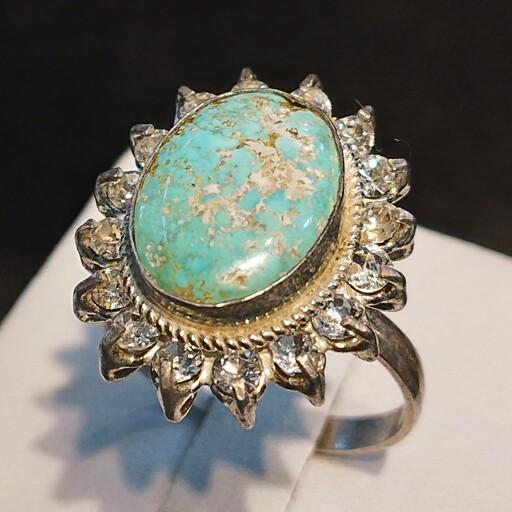 انگشتر نقره زنانه دور جواهری سنگ فیروزه نیشابور کد 11 1