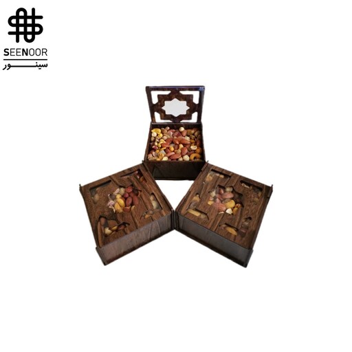 تی باکس، شکلات خوری، ظرف آجیل یک کیلویی و برج تنقلات چوبی سینور. در لولا دار. کادویی و مناسب شب یلدا. کد 1031