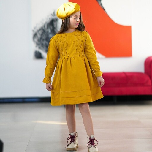 پیراهن دخترونه پارچه پشمی کشمیر به همراه کلاه در دو رنگ خردلی و طوسی با بهترین کیفیت و ضمانت از 4 تا 7 سال