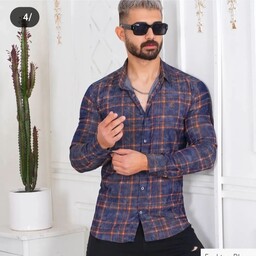 پیراهن اسپرت مردانه با پارچه دنیم ترک، رنگ خاص با خط چین های پرتغالی ، بغل گلدوزی ، بدون آبروی و کار ترند بازار