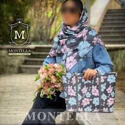 ست کیف و روسری و شال زنانه طرح گلدار رنگ صورتی با کیف مستطیلی بزرگ mo270
