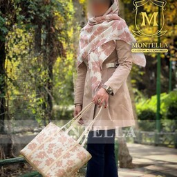 ست کیف و روسری و شال زنانه طرح گلدار رنگ کرم کیفیت عالی طرح جدید و زیبا